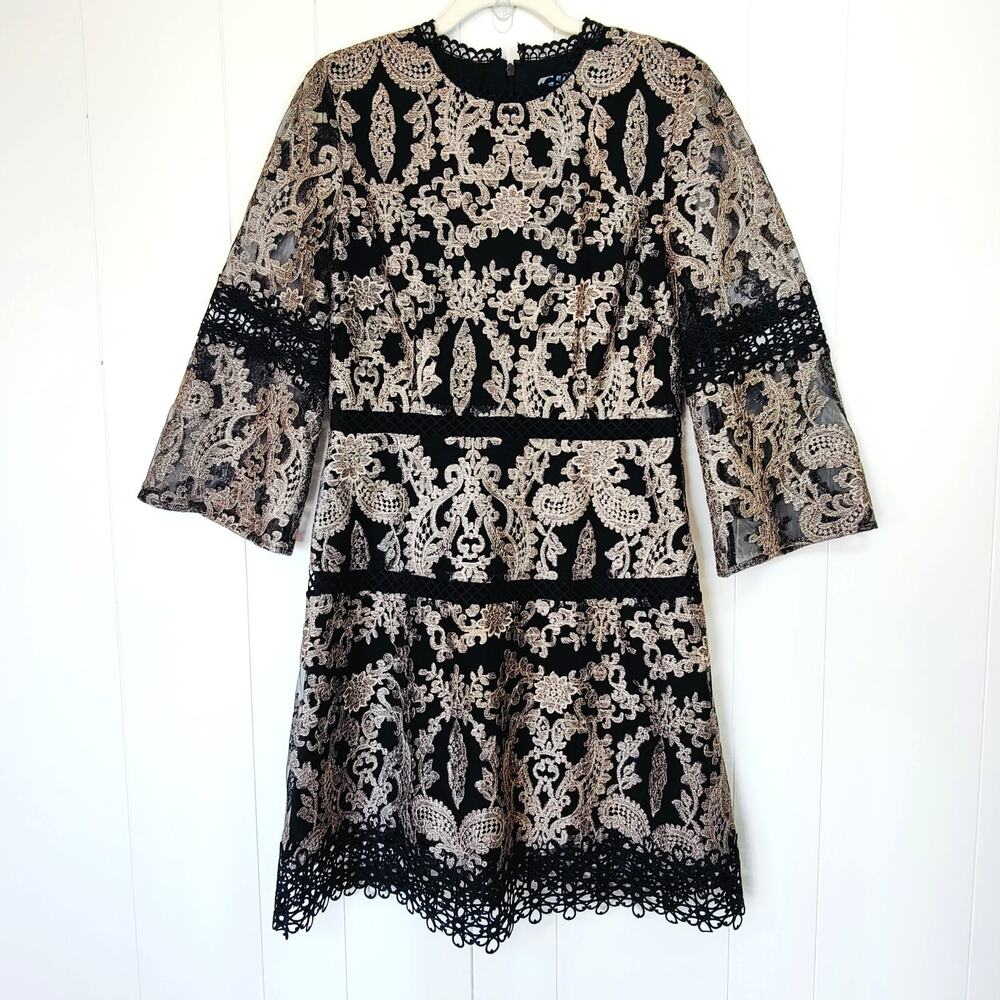 Antonio Melani Black Gold Metallic Lace Shift Dress Bell Sleeve 8